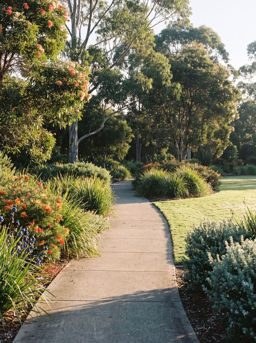 A concrete shared path curving through a park between native garden beds of lomandra, grevillea and westringia, with mown lawn beyond.