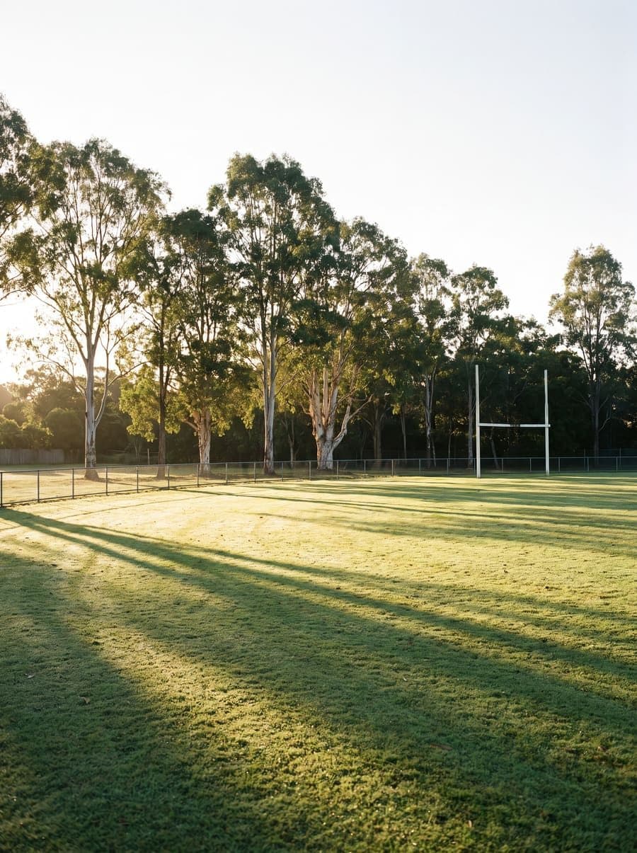 A suburban sports oval at first light, mown playing surface running back to a line of gums behind the boundary fence.